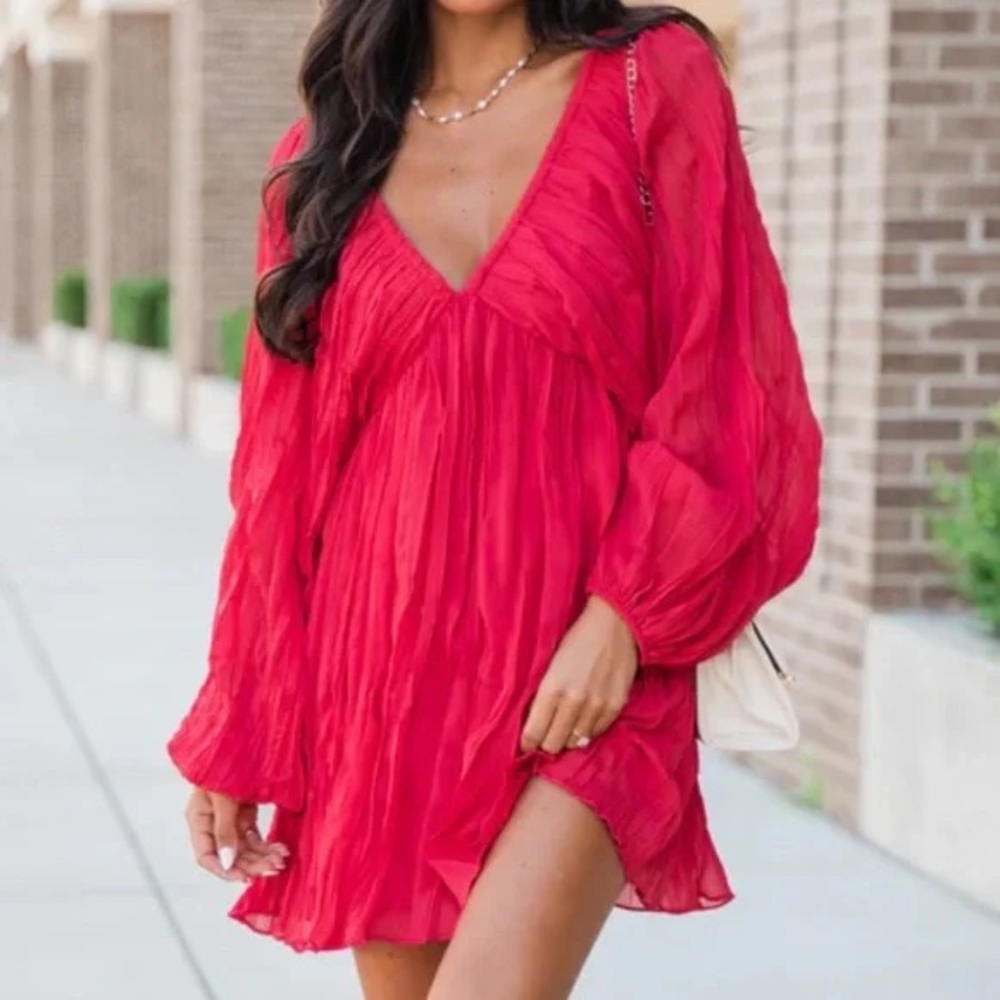 Pink Lilly- Vibrant Fuchsia V-Neck Dress with ties in the back
